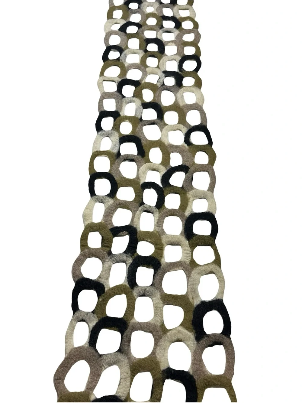 Pomegranate Moon Hand Felted Wool Scarf Cutout Circle Green Black Lattice XL 79”